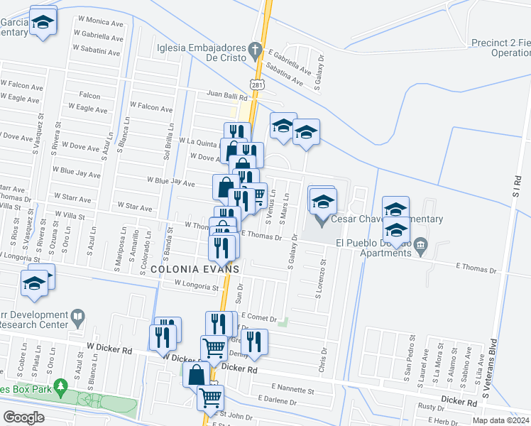map of restaurants, bars, coffee shops, grocery stores, and more near 6406 South Venus Lane in Pharr