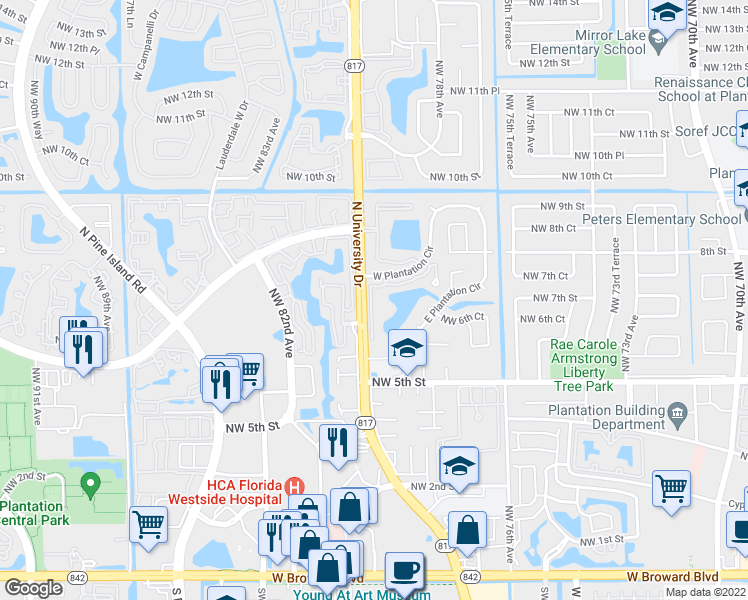 map of restaurants, bars, coffee shops, grocery stores, and more near 658 North University Drive in Plantation