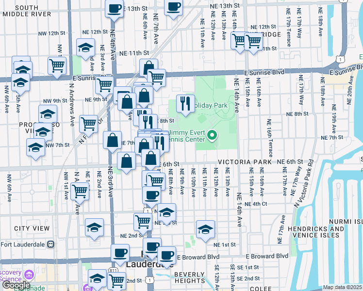 map of restaurants, bars, coffee shops, grocery stores, and more near 822 Northeast 7th Street in Fort Lauderdale