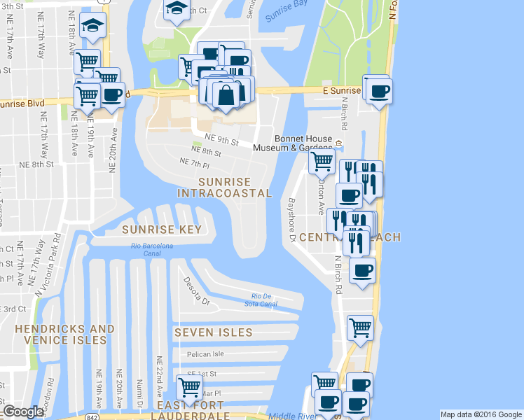map of restaurants, bars, coffee shops, grocery stores, and more near 624 Intracoastal Drive in Fort Lauderdale