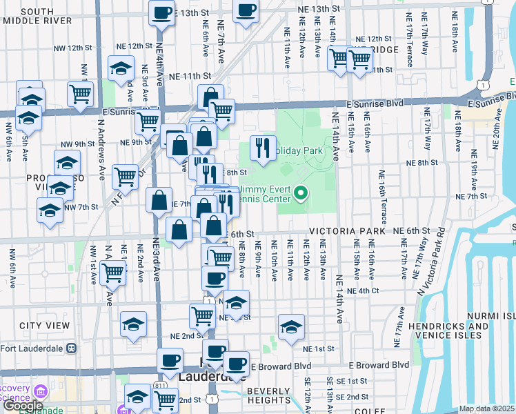 map of restaurants, bars, coffee shops, grocery stores, and more near 822 Northeast 7th Street in Fort Lauderdale