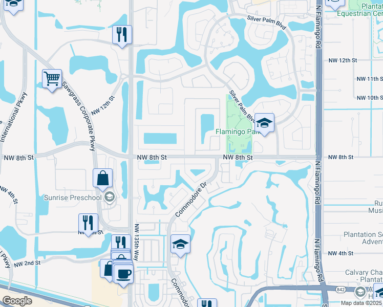 map of restaurants, bars, coffee shops, grocery stores, and more near 801 Northwest 132nd Avenue in Sunrise