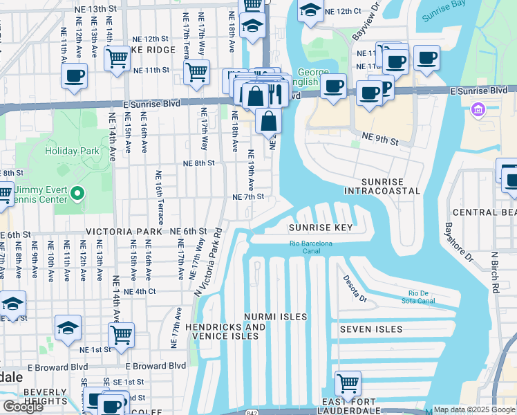 map of restaurants, bars, coffee shops, grocery stores, and more near 1942 Northeast 6th Court in Fort Lauderdale