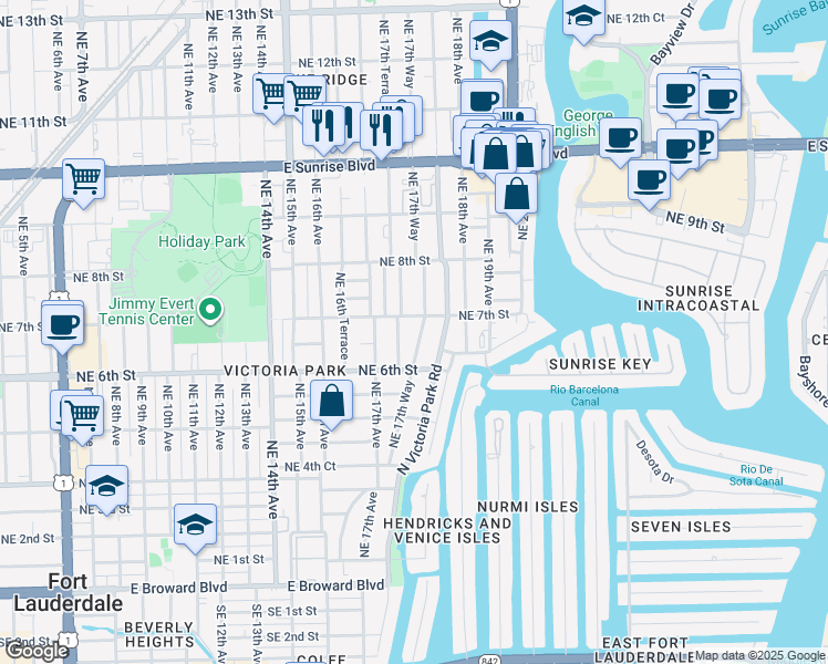 map of restaurants, bars, coffee shops, grocery stores, and more near 635 Northeast 17th Way in Fort Lauderdale