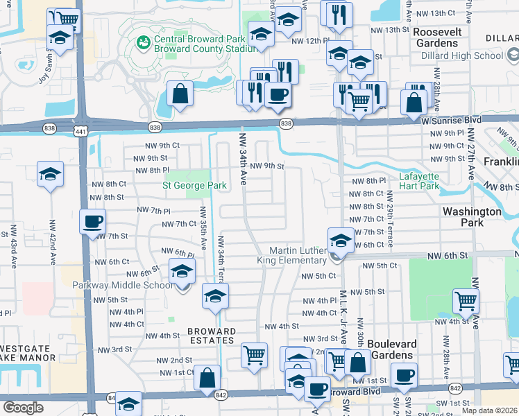map of restaurants, bars, coffee shops, grocery stores, and more near 3364 Northwest 8th Street in Lauderhill