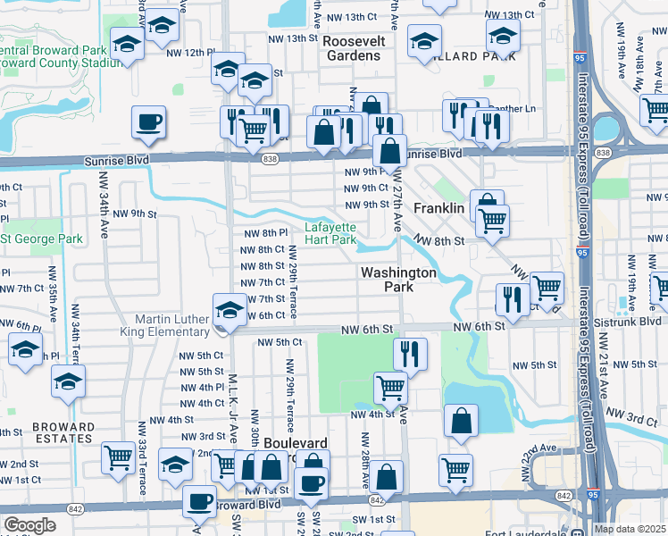 map of restaurants, bars, coffee shops, grocery stores, and more near 2814 Northwest 8th Street in Fort Lauderdale