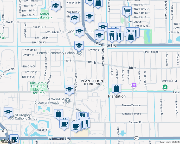 map of restaurants, bars, coffee shops, grocery stores, and more near 681 Northwest 67th Avenue in Plantation