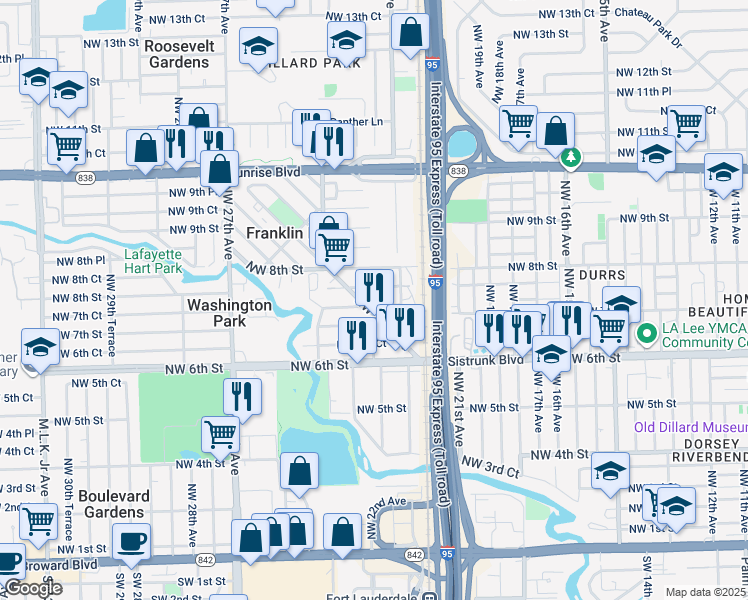 map of restaurants, bars, coffee shops, grocery stores, and more near 2151 Northwest 7th Street in Fort Lauderdale