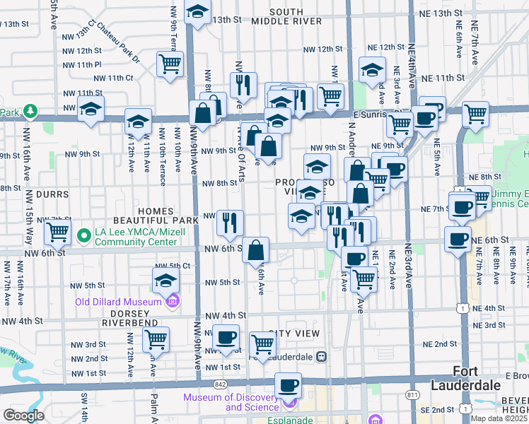 map of restaurants, bars, coffee shops, grocery stores, and more near 702 Northwest 6th Avenue in Fort Lauderdale