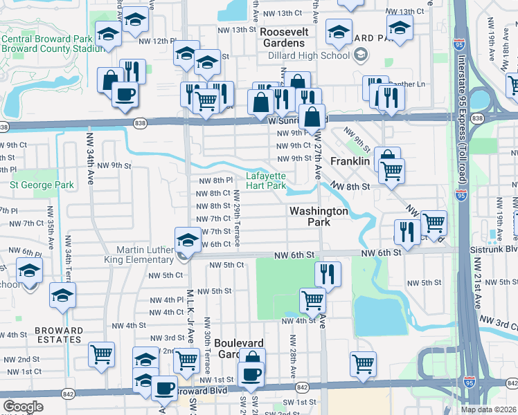 map of restaurants, bars, coffee shops, grocery stores, and more near 2852 Northwest 8th Street in Fort Lauderdale