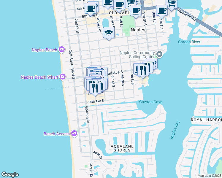 map of restaurants, bars, coffee shops, grocery stores, and more near 455 13th Avenue South in Naples