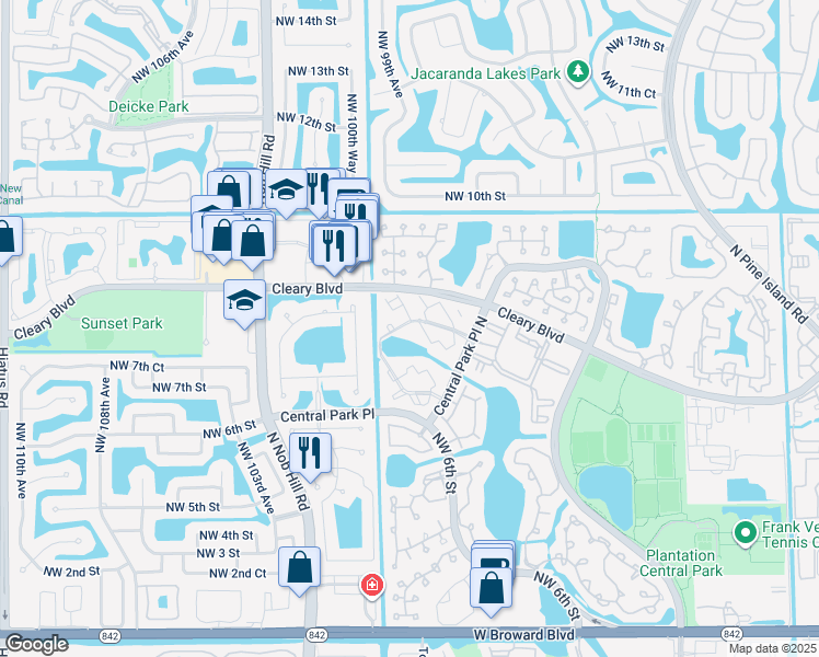 map of restaurants, bars, coffee shops, grocery stores, and more near 50 Northwest 7th Street in Plantation