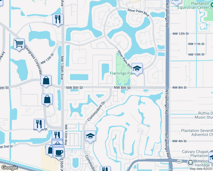 map of restaurants, bars, coffee shops, grocery stores, and more near 13100 Northwest 8th Court in Sunrise