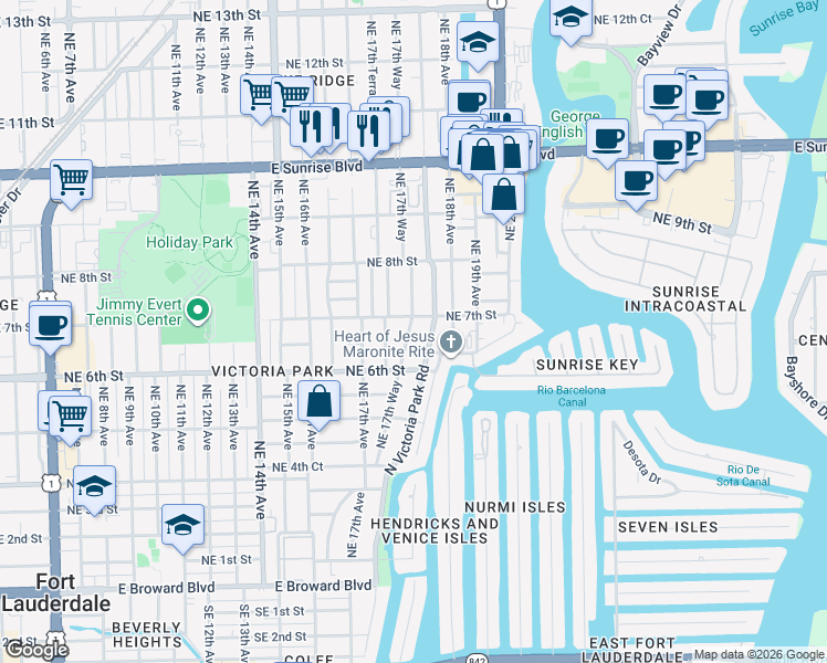 map of restaurants, bars, coffee shops, grocery stores, and more near 635 Northeast 17th Way in Fort Lauderdale