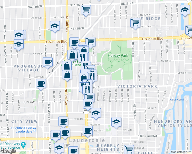 map of restaurants, bars, coffee shops, grocery stores, and more near 640 Northeast 7th Street in Fort Lauderdale