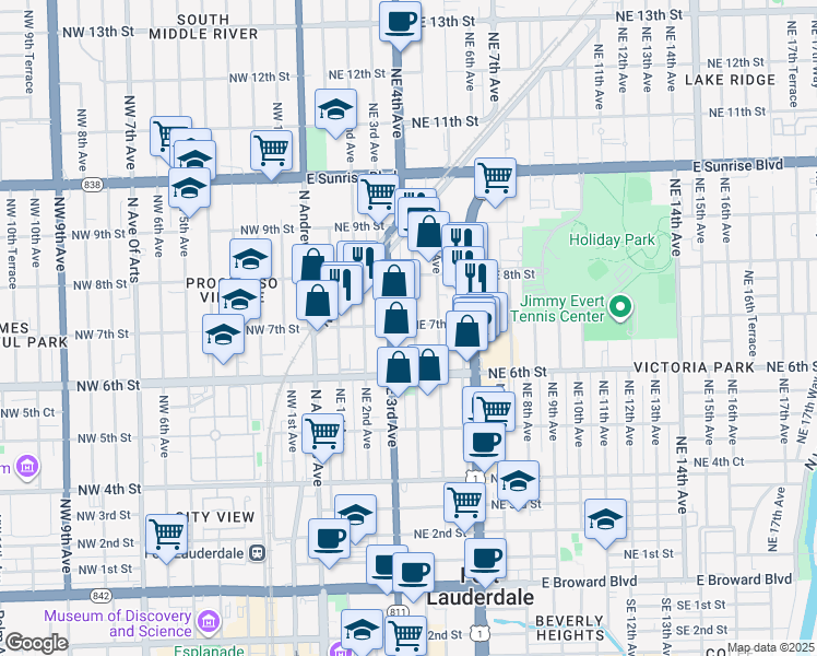 map of restaurants, bars, coffee shops, grocery stores, and more near 648 Northeast 3rd Avenue in Fort Lauderdale
