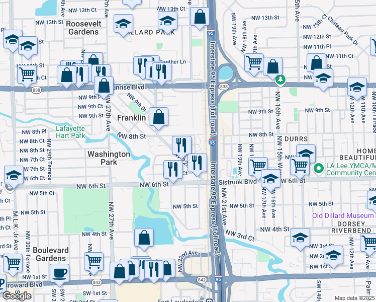 map of restaurants, bars, coffee shops, grocery stores, and more near 2151 Northwest 7th Street in Fort Lauderdale