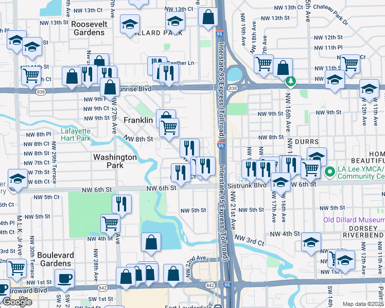 map of restaurants, bars, coffee shops, grocery stores, and more near 2151 Northwest 7th Street in Fort Lauderdale