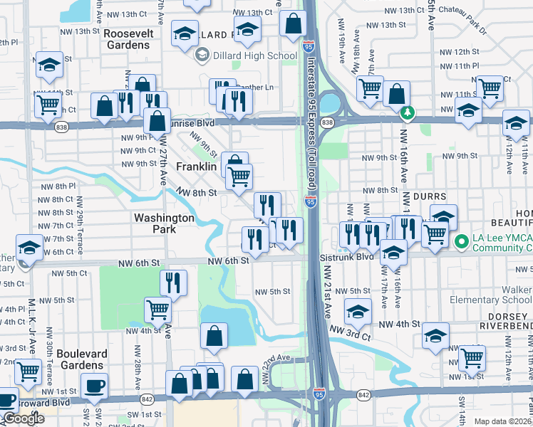 map of restaurants, bars, coffee shops, grocery stores, and more near 2151 Northwest 7th Street in Fort Lauderdale