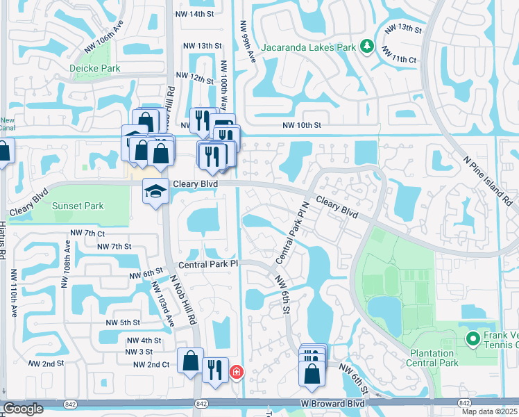 map of restaurants, bars, coffee shops, grocery stores, and more near 50 Northwest 7th Street in Plantation