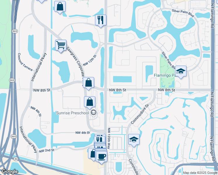map of restaurants, bars, coffee shops, grocery stores, and more near 13538 Northwest 8th Court in Sunrise
