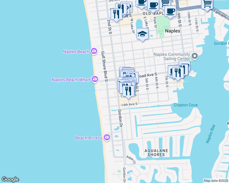 map of restaurants, bars, coffee shops, grocery stores, and more near 12 Gulf Shore Boulevard South in Naples