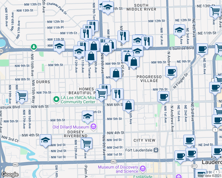 map of restaurants, bars, coffee shops, grocery stores, and more near 702 Northwest 8th Avenue in Fort Lauderdale