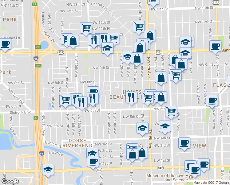 map of restaurants, bars, coffee shops, grocery stores, and more near 713 Northwest 13th Avenue in Fort Lauderdale