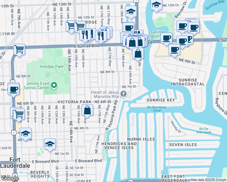 map of restaurants, bars, coffee shops, grocery stores, and more near 635 Northeast 17th Way in Fort Lauderdale