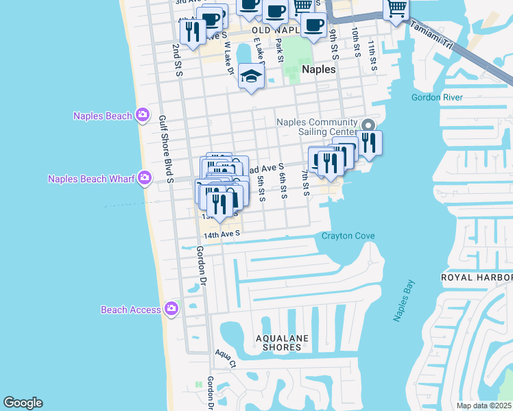 map of restaurants, bars, coffee shops, grocery stores, and more near 455 13th Avenue South in Naples