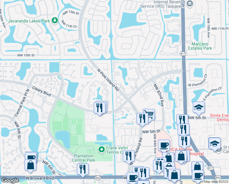 map of restaurants, bars, coffee shops, grocery stores, and more near 8769 Cleary Boulevard in Plantation