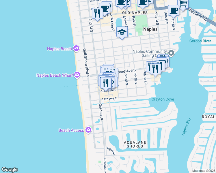map of restaurants, bars, coffee shops, grocery stores, and more near 3rd Street South in Naples