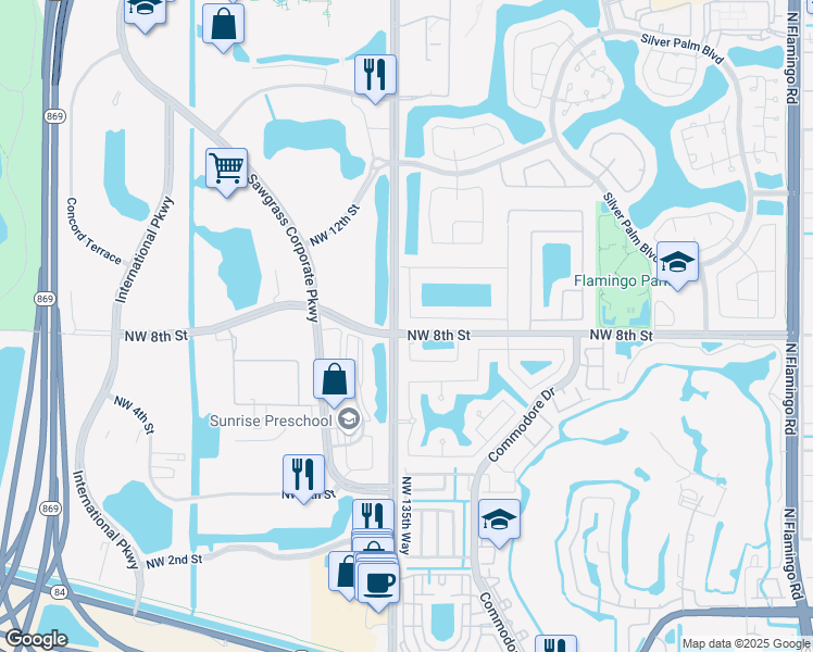 map of restaurants, bars, coffee shops, grocery stores, and more near 13538 Northwest 8th Court in Sunrise