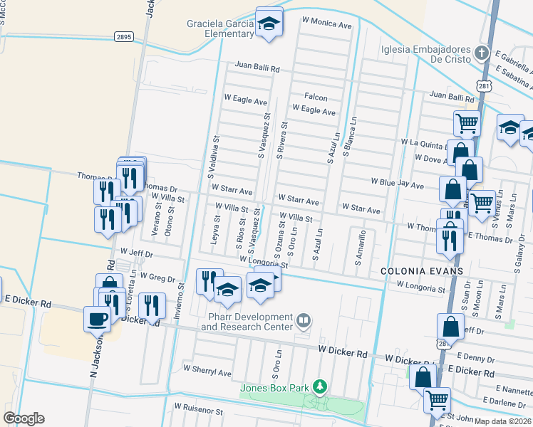 map of restaurants, bars, coffee shops, grocery stores, and more near 6604 S Rivera St in Pharr
