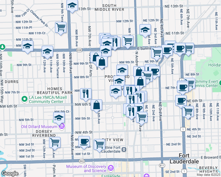 map of restaurants, bars, coffee shops, grocery stores, and more near 405 Northwest 7th Street in Fort Lauderdale