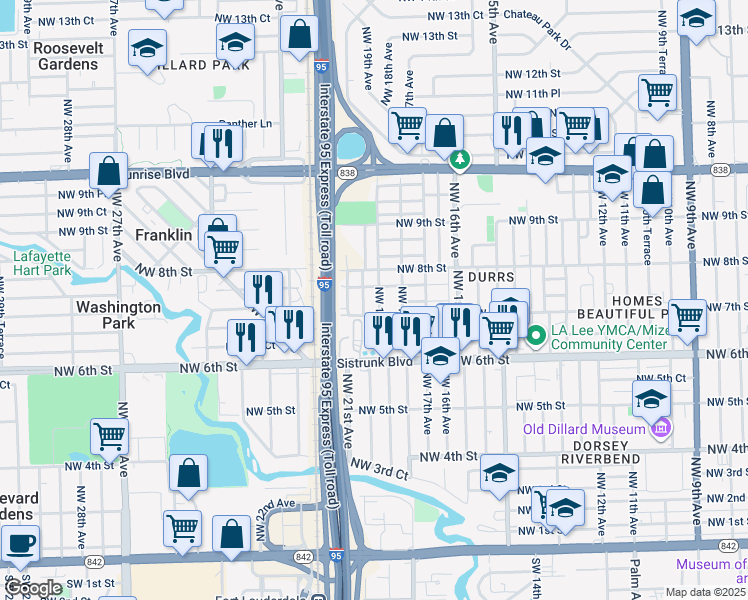 map of restaurants, bars, coffee shops, grocery stores, and more near 715 Northwest 19th Avenue in Fort Lauderdale
