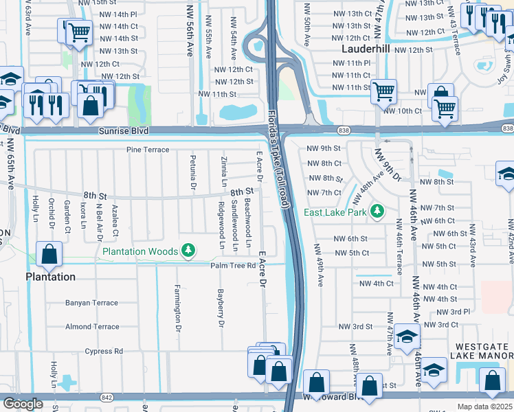 map of restaurants, bars, coffee shops, grocery stores, and more near 721 East Acre Drive in Plantation