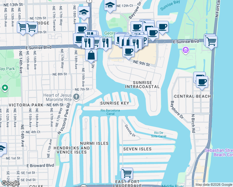 map of restaurants, bars, coffee shops, grocery stores, and more near 640 3rd Key Drive in Fort Lauderdale