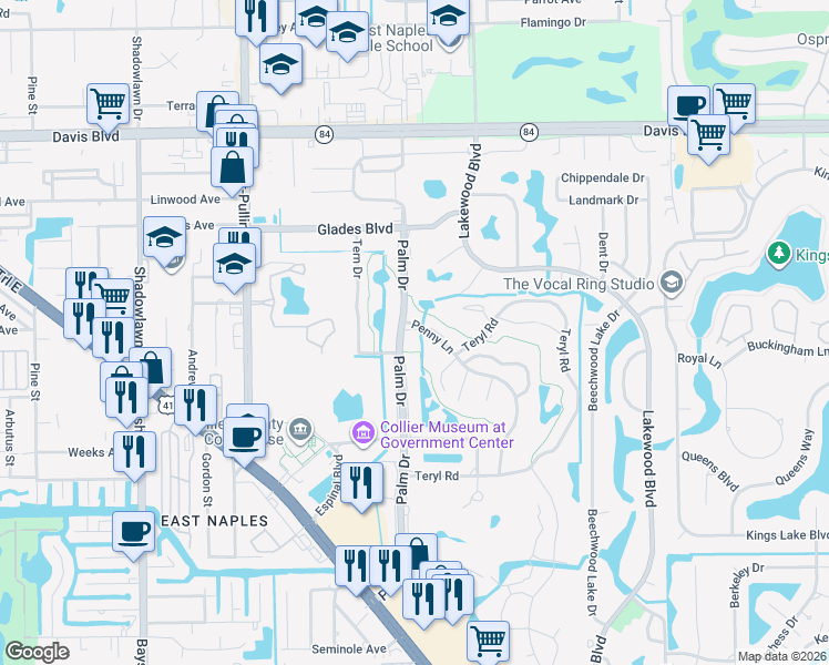 map of restaurants, bars, coffee shops, grocery stores, and more near 104 Penny Lane in Naples