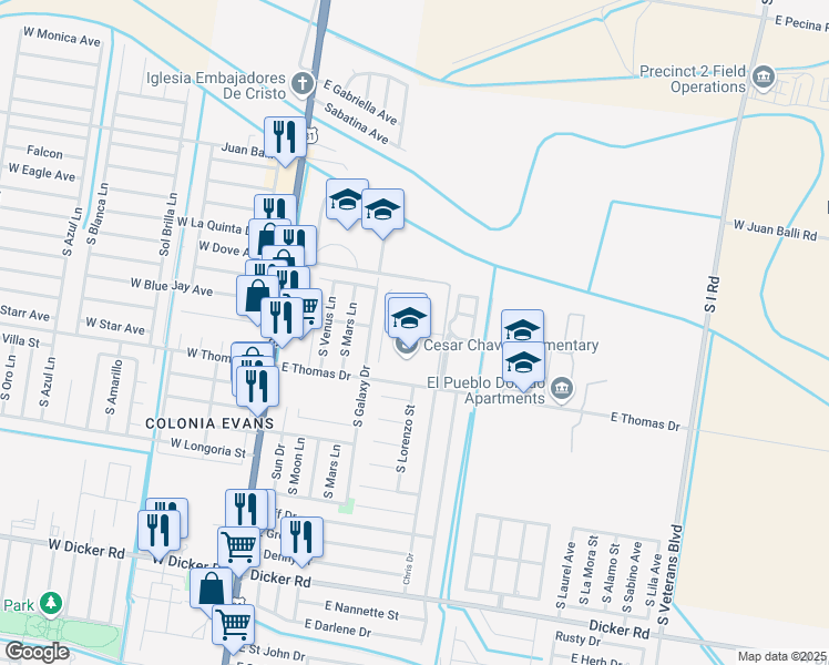 map of restaurants, bars, coffee shops, grocery stores, and more near 401 East Thomas Drive in Pharr