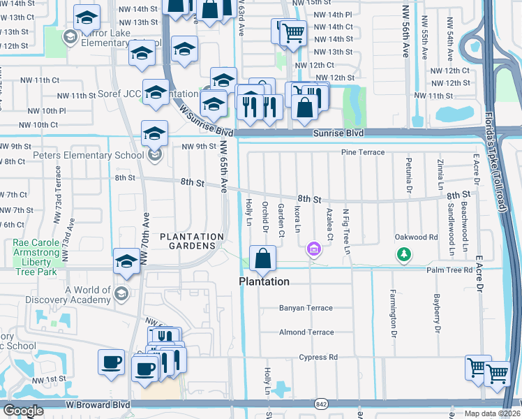 map of restaurants, bars, coffee shops, grocery stores, and more near 725 Orchid Drive in Plantation