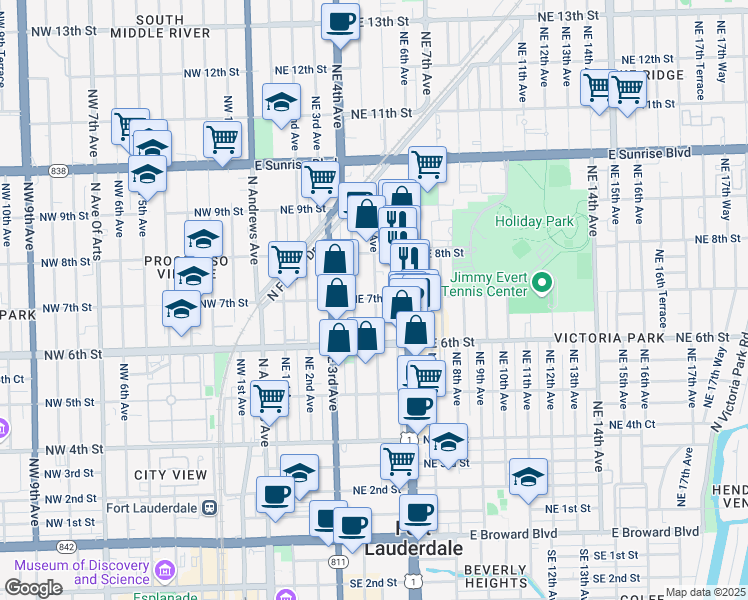 map of restaurants, bars, coffee shops, grocery stores, and more near 651 Northeast 5th Avenue in Fort Lauderdale
