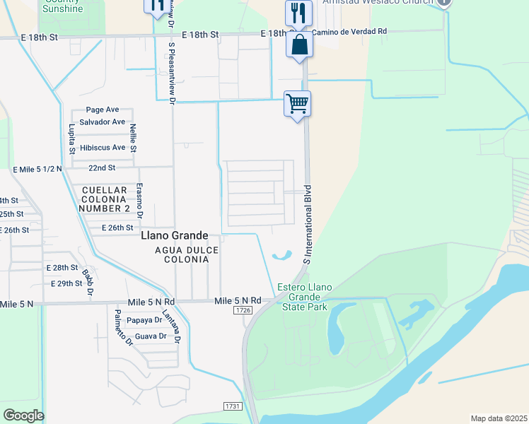 map of restaurants, bars, coffee shops, grocery stores, and more near 3117 Azteca Drive in Weslaco