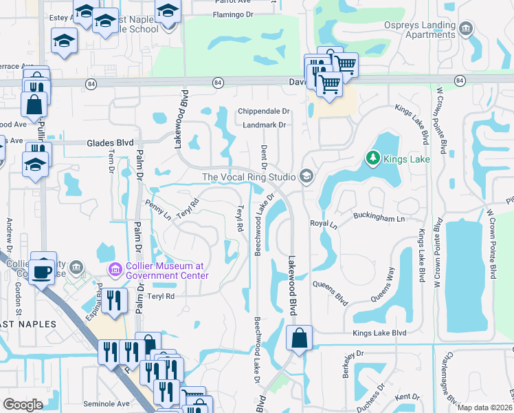 map of restaurants, bars, coffee shops, grocery stores, and more near 4472 Beechwood Lake Drive in Naples