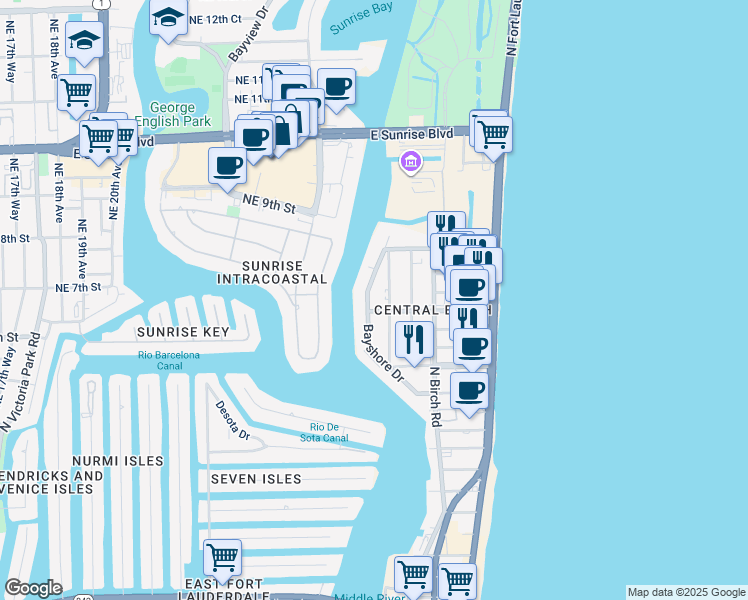 map of restaurants, bars, coffee shops, grocery stores, and more near 609 Bayshore Drive in Fort Lauderdale