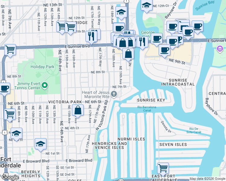 map of restaurants, bars, coffee shops, grocery stores, and more near 638 North Victoria Park Road in Fort Lauderdale