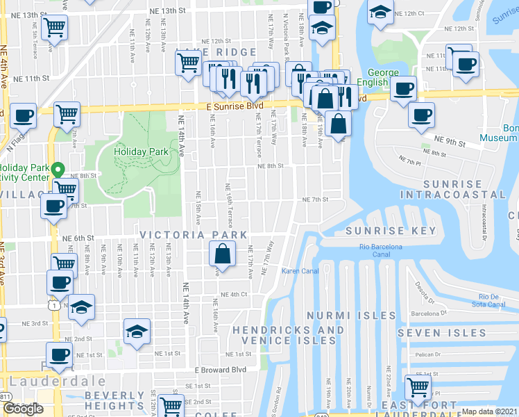 map of restaurants, bars, coffee shops, grocery stores, and more near 635 Northeast 17th Avenue in Fort Lauderdale