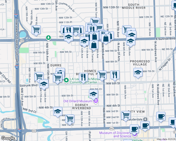 map of restaurants, bars, coffee shops, grocery stores, and more near 1101 Northwest 7th Street in Fort Lauderdale