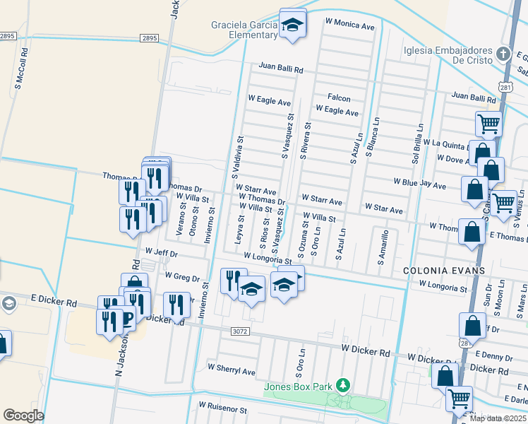 map of restaurants, bars, coffee shops, grocery stores, and more near 6608 South Rios Street in Pharr