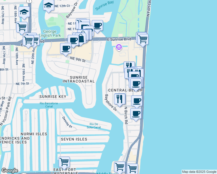 map of restaurants, bars, coffee shops, grocery stores, and more near 609 Bayshore Drive in Fort Lauderdale